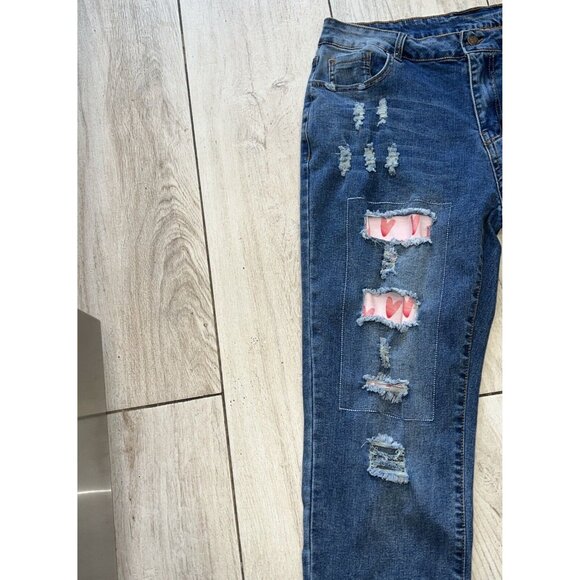 Jeans Jeans Women's Jeans XL 35x28 Ripped Blue Stretch Pink Hearts Super Cute - Picture 3 of 5
